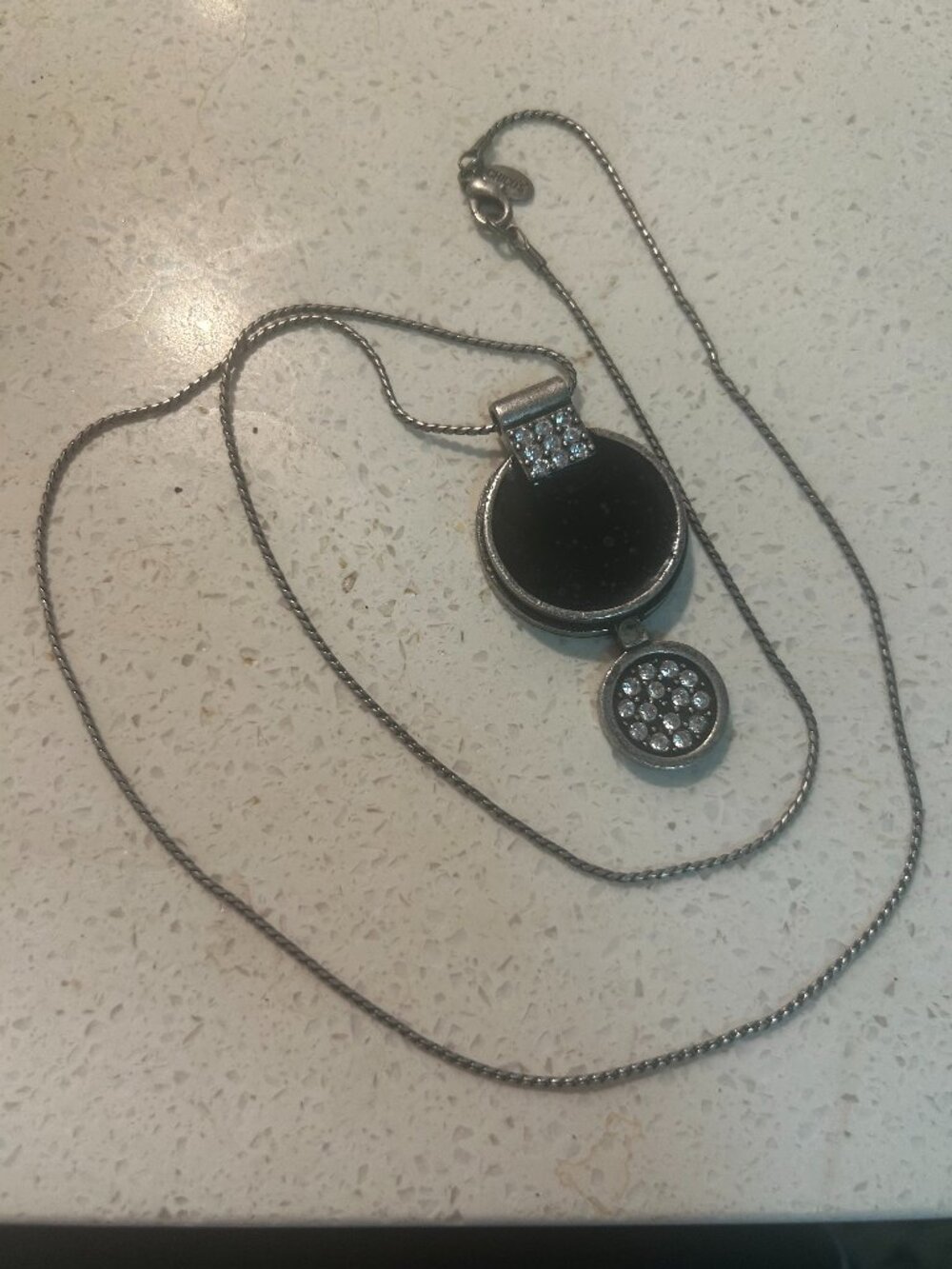 Vintage Necklace W/Black Stone & Rhinestones, 17" Long Metal Chain